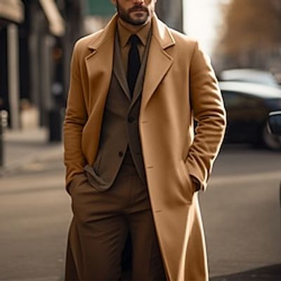 Men's Winter Coat Peacoat Trench Coat Long Trench Coat Outdoor Daily Wear Fall  Winter Polyester Thermal Warm Windproof Outerwear Clothing Apparel Fashion Streetwear Plain Pocket Lapel Single Lightinthebox