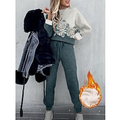 Women's Sweatshirt Tracksuit Pants Sets Fleece Lined Floral Blue Drawstring Print Long Sleeve Outdoor Casual Active Daily Round Neck Regular Fit Fall  Winter Lightinthebox
