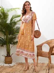 YOINS Orange V-neck Tribal Wrap Design Short Sleeves Midi Dress