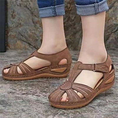 Women's Sandals Comfort Shoes Plus Size Buckle Wedge Heel Round Toe Casual Daily PU Leather T-Strap Summer Solid Colored Light Blue Green Black miniinthebox
