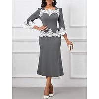Women's Party Dress Lace Dress Cocktail Dress Midi Dress Gray 34 Length Sleeve Pure Color Lace Spring Fall Winter Square Neck Fashion Winter Dress Office Vacation 2023 S M L XL XXL 3XL Lightinthebox - thumbnail