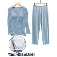 Women's Pajamas Sets with Chest Pads Pure Color Simple Casual Comfort Home Daily Bed Modal Breathable V Wire Long Sleeve Chest pads Fall Winter Light Pink White Lightinthebox - thumbnail