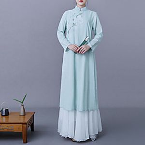 Women's Swing Dress Maxi long Dress Light Blue Long Sleeve Floral Layered Print Spring Summer Stand Collar Vintage Traditional Chinoiserie 2021 M L XL XXL miniinthebox