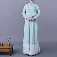 Women's Swing Dress Maxi long Dress Light Blue Long Sleeve Floral Layered Print Spring Summer Stand Collar Vintage Traditional Chinoiserie 2021 M L XL XXL miniinthebox - thumbnail