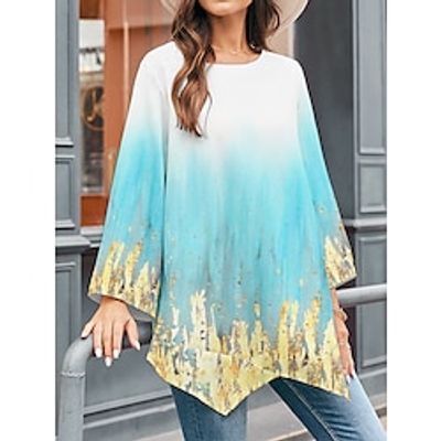 Women's Shirt Blouse Color Gradient Marble Print Blue Sky Blue Print Asymmetric Hem Long Sleeve Casual Going out Fashion Streetwear Round Neck Regular Fit Spring Lightinthebox