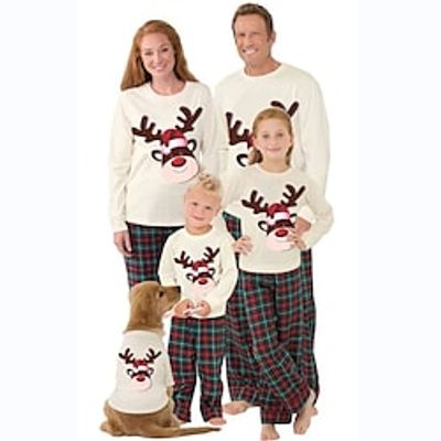 Family Look Christmas Pajamas Plaid Deer Indoor Beige Long Sleeve Daily Matching Outfits miniinthebox