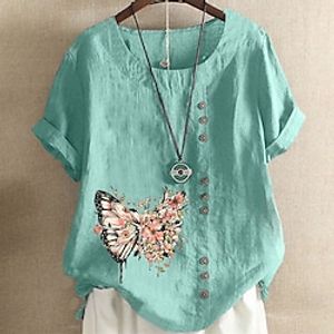 Women's Plus Size Tops T shirt Floral Butterfly Print Short Sleeve Crewneck Vintage Streetwear Daily Going out Linen Spring Summer Green Blue Lightinthebox