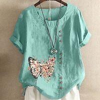 Women's Plus Size Tops T shirt Floral Butterfly Print Short Sleeve Crewneck Vintage Streetwear Daily Going out Linen Spring Summer Green Blue Lightinthebox - thumbnail