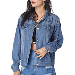 Women's Jacket Solid Colored Cut Out Active Spring   Fall Short Going out Long Sleeve Denim Coat Tops Blue Lightinthebox