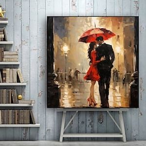 Walking In The Rain Stretched Canvas Handpainted Wall Art Colorful Abstract Pop Art Design Lover Walking With An Umbrella In The Rain Stretched Canvas Lightinthebox