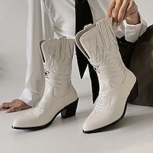 Women's Boots Cowboy Boots Party Daily Mid Calf Boots Winter Embroidery Chunky Heel Pointed Toe Vintage PU Leather Loafer Solid Colored Black White miniinthebox