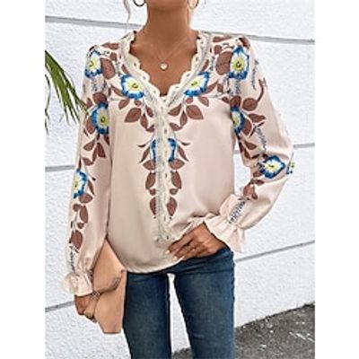 Women's Shirt Blouse Floral Beige Print Lace Long Sleeve Work Fashion V Neck Regular Fit Spring   Fall Lightinthebox