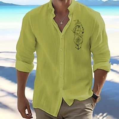 Compass Sailboat Casual Men's Shirt Linen Shirt Button Up Shirt Outdoor Daily Wear Vacation Spring   Fall Standing Collar Long Sleeve Black, White, Pink S, M, L Linen Cotton Blend Shirt Lightinthebox