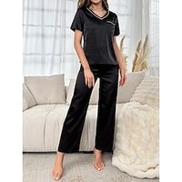 Women's Pajamas Sets solid,satin silk,v-neck Casual Comfort Home Daily Bed Satin Breathable V Wire Short Sleeve T shirt Tee Pant Pocket Fall Winter Black Lightinthebox - thumbnail