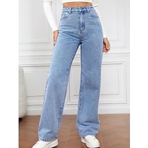 Women's Jeans Wide Leg Trousers Straight Cotton Robin's Egg Blue Light Blue High Waist Streetwear Simple Casual Outdoor Vacation Casual Daily Pocket Full Length Breathable Plain S M L XL 2XL Lightinthebox