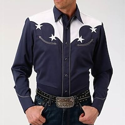 Men's Shirt Star Graphic Prints Turndown Navy Blue 3D Print Outdoor Street Long Sleeve Button-Down Print Clothing Apparel Fashion Designer Casual Soft Lightinthebox