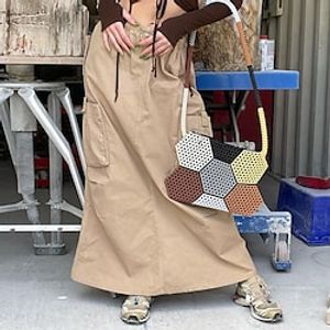 Women's Skirt A Line Cargo Skirt Work Skirts Maxi Cotton Khaki Skirts Summer Patchwork Pocket Drawstring Fashion Streetwear Daily Date S M L miniinthebox