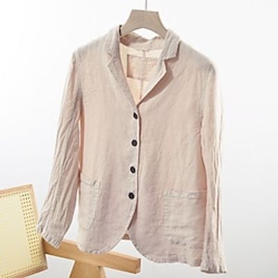 Women's Shirt Blouse Linen Plain Beige Button Pocket Long Sleeve Work Fashion Shirt Collar Regular Fit Spring   Fall Lightinthebox