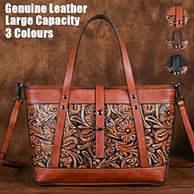Women's Handbag Crossbody Bag Boston Bag Leather Shopping Daily Holiday Zipper Embossed Large Capacity Waterproof Durable Color Block Flower Folk Retro coffee Vintage black Retro Brown miniinthebox
