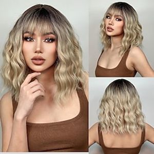 HAIRCUEB Ombre Brown Water Wave Synthrtic Wigs Light Golden Bob Wigs With Bangs Natural Daily Heat Resistant Lightinthebox
