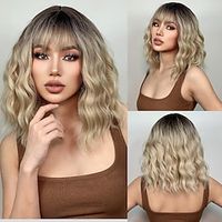 HAIRCUEB Ombre Brown Water Wave Synthrtic Wigs Light Golden Bob Wigs With Bangs Natural Daily Heat Resistant Lightinthebox - thumbnail
