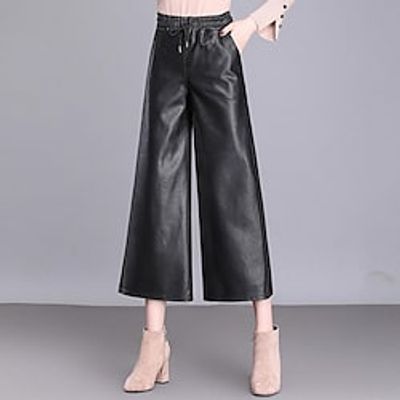 Women's Culottes Wide Leg Chinos Pants Trousers Leather Pants Faux Leather Black Mid Waist Fashion Daily Side Pockets Wide Leg Micro-elastic Ankle-Length Comfort Plain M L XL XXL  Loose Fit Lightinthebox