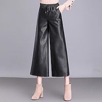 Women's Culottes Wide Leg Chinos Pants Trousers Leather Pants Faux Leather Black Mid Waist Fashion Daily Side Pockets Wide Leg Micro-elastic Ankle-Length Comfort Plain M L XL XXL  Loose Fit Lightinthebox - thumbnail