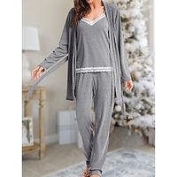 Women's Pajamas Sets 3 Pieces Flower Casual Comfort Soft Home Bed Vacation Polyester Breathable Long Sleeve Pant Pocket Fall Winter Black White Lightinthebox - thumbnail