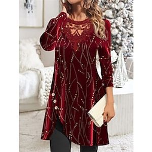 Women's Velvet Dress Party Dress Lace Dress Mini Dress Wine Long Sleeve Pure Color Lace Spring Fall Winter Crew Neck Fashion Winter Dress Christmas Vacation 2023 S M L XL XXL 3XL Lightinthebox