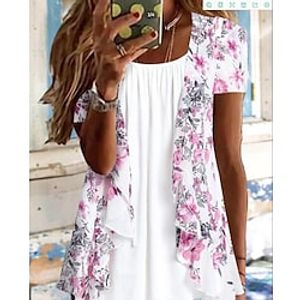 Women's Shirt Blouse Light Blue Pink Blue Floral Print Short Sleeve Casual Holiday Basic Round Neck Regular Floral S Lightinthebox
