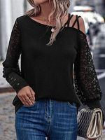 Women Black Fashion Lace Paneled Cold Shoulder Long Sleeves T-shirt