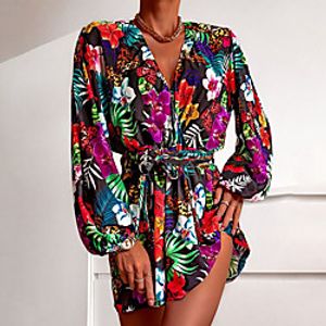 Women's A Line Dress Short Mini Dress Yellow Red Long Sleeve Floral Jacquard Fall Summer V Neck Casual 2021 S M L XL XXL miniinthebox