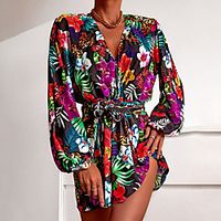 Women's A Line Dress Short Mini Dress Yellow Red Long Sleeve Floral Jacquard Fall Summer V Neck Casual 2021 S M L XL XXL miniinthebox - thumbnail