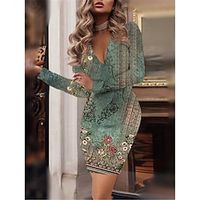 Women's Work Dress Bodycon Sheath Dress Mini Dress Green Light Green Long Sleeve Floral Print Winter Fall Spring V Neck Fashion Office Daily 2022 XS S M L XL XXL 3XL 4XL 5XL 6XL miniinthebox - thumbnail