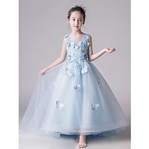 Floor Length A-Line Flower Girl Dress Girls Wedding Party Jewel Neck Sleeveless Tulle with Flower Elegant Tutu Cute Girls' Party Dress Fit 3-16 Years Lightinthebox