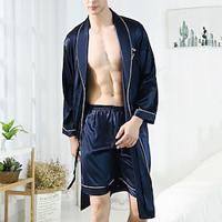 Men's Pajamas Silk Robe Sleepwear Pajama Set 1 set Plain Fashion Stylish Classic Home Daily Bed Polyester Comfort Soft Lapel Long Sleeve Shorts Summer Wine Navy Blue Lightinthebox