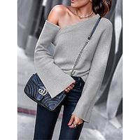 Women's Pullover Sweater Jumper One Shoulder Ribbed Knit Acrylic Cold Shoulder Fall Winter Regular Outdoor Daily Going out Stylish Casual Soft Long Sleeve Solid Color Black Navy Blue Light Grey S M L miniinthebox - thumbnail