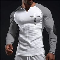 Graphic Color Block Faith Daily Classic Casual Men's 3D Print T shirt Tee Waffle Shirt Raglan T Shirt Sports Outdoor Holiday Going out T shirt Black White Dark Blue Long Sleeve V Neck Shirt Spring miniinthebox - thumbnail