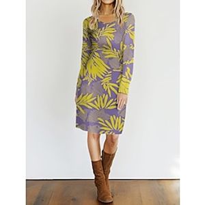 Women's Casual Dress T Shirt Dress Tee Dress Leaf Print Crew Neck Mini Dress Streetwear Street Holiday Long Sleeve Loose Fit White Yellow Spring S M L XL 2XL Lightinthebox