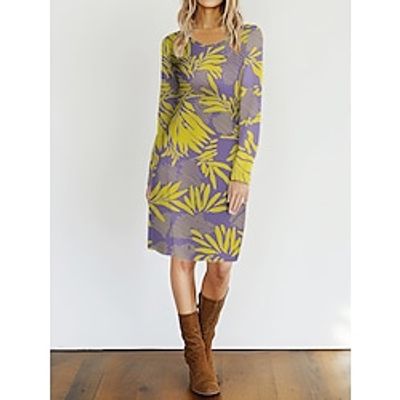 Women's Casual Dress T Shirt Dress Tee Dress Leaf Print Crew Neck Mini Dress Streetwear Street Holiday Long Sleeve Loose Fit White Yellow Spring S M L XL 2XL Lightinthebox