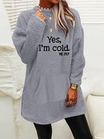 Women's Autumn And Winter Solid Color Fleece Warm Lettering Pocket Round Neck Sweatshirt