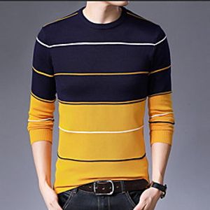 Men's Pullover Check Pattern Striped Stylish Long Sleeve Sweater Cardigans Crew Neck Fall Spring Yellow Gray Camel miniinthebox