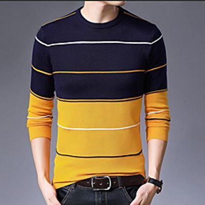 Men's Pullover Check Pattern Striped Stylish Long Sleeve Sweater Cardigans Crew Neck Fall Spring Yellow Gray Camel miniinthebox