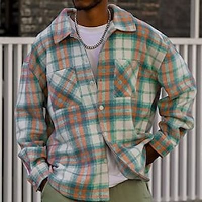 Men's Shirt Flannel Shirt Plaid Shirt Shirt Jacket Shacket Overshirt Shacket Green Long Sleeve Plaid  Check Lapel Fall  Winter Outdoor Daily Wear Clothing Apparel Front Pocket Lightinthebox
