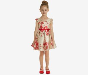 Toddler Girls Metallic Brocade Dress  Gold/Red