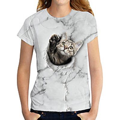 Women's 3D Cat T shirt Cat Graphic 3D Print Round Neck Basic Tops White Lightinthebox