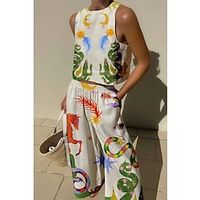 Women's Tank Top Pants Sets White flower Red Blue Animal Print Sleeveless Casual Holiday Streetwear Crew Neck miniinthebox - thumbnail