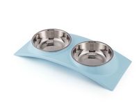 Double Dining Pet Feedrer With Stainless Steel Bowl & Non Slip Rubber Bottom blue For Cats And Dogs - 38.5X16.7X5cm
