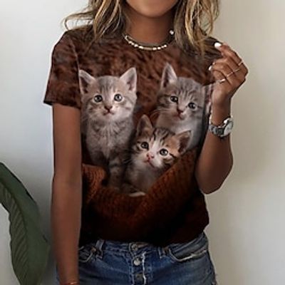Women's T shirt Tee Brown Cat 3D Print Short Sleeve Daily Weekend Basic Round Neck Regular 3D Cat Painting S Lightinthebox
