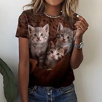 Women's T shirt Tee Brown Cat 3D Print Short Sleeve Daily Weekend Basic Round Neck Regular 3D Cat Painting S Lightinthebox - thumbnail